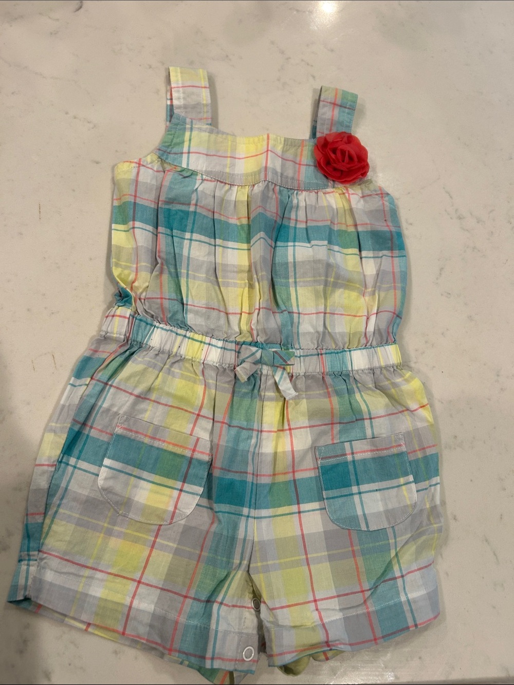 Gymboree Yellow, Teal & White Plaid Romper with Red Flower